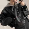Autumn Winter Cool Black Hooded Leather Jacket Women Streetwear Y2K Fake Two Pieces Short Coat Korean PU Leather Outwear