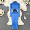 Elegant Turtleneck Long Sleeve Knit Soft Tight Pencil Dress with Belt Slim Warm Sweater Vestido Sexy Women Winter Robe