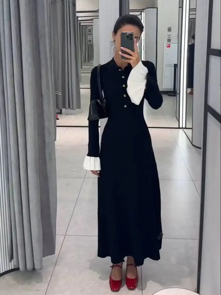 Winter Knitted Long Dress Women Elegant Casual Long Sleeved Maxi Party Dresses Autumn Chic Female Buttons Black Dresses