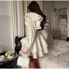Solid Ruffle Mini Dress U Neck Long Puff Sleeve Tie Neck Tiered Hem Sweet Style Gown Soft Pastel Tones Chic Women Outfit