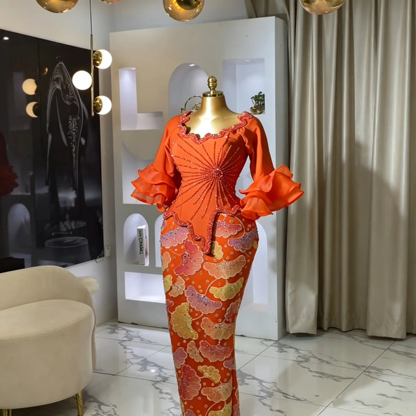 Orange Mermaid Evening Dress Beaded Sequins Ruffle Sleeves Prom Gown Elegant African Women Party Dress Customized