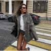 Army Green Multi-pockets Jacket For Women Hiking Long Sleeve Drawstring Waist Military Coats Lady Chic Street Outerwear