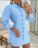 Women's Long Sleeve Button Down Shirt Dress with Turn Down Collar and Side Drawstring Mini Dress