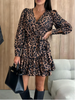Women's Leopard Printed Dresses V-Neck Lace Up Bubble Long Sleeved Sexy Dress Elegant Dating Autumn Mini Dress