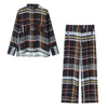 European and American Style Women's Casual Plaid Pocket Shirt High Waist Loose Long Pants Two Pieces Sets