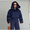Solid Hooded Cropped Puffer Jacket Women Stand Collar Snap Button Loose Long Sleeve Jackets Winter Casual Warm Padded Coat