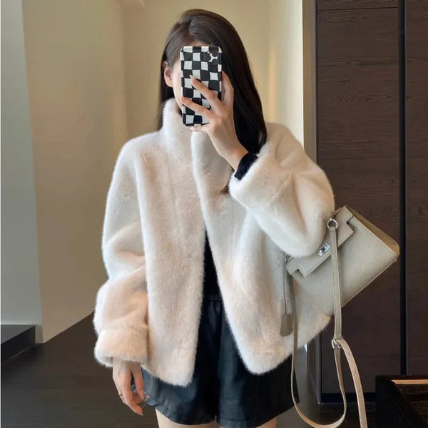 Autumn Winter Female Lamb Wool Faux Fur Tops Coat Women Stand Collar Short Fur Jacket Ladies Long Sleeves Plush Outerwear