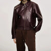 Vintage Wine Red Loose Short Leather Jacket Women Lapel Long Sleeves Zipper Cropped Coat Autumn Lady Street Outwear