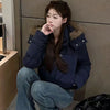 Korean Fur Collar Hooded Parkas Ladies Design Cropped Cotton Padded Winter Jacket Female Blue Casual Warm Parka Coats