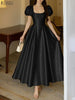 Elegant Chic Women Satin Wedding Guest Party Long Dresses Square Neck Short Puff Sleeve Fitted Waist A-Line Dress S-3XL