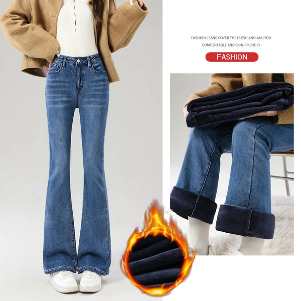 Winter Women's Warm Fleece Jeans Vintage Slim Flare Pants Elastic Korean Female Plush Velvet Thermal Denim Trousers