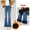 Winter Women's Warm Fleece Jeans Vintage Slim Flare Pants Elastic Korean Female Plush Velvet Thermal Denim Trousers