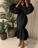 Women Evening Dress Solid Full Puff Sleeve V-neck Long Maxi Trumpet Dresses Vintage Party Vestidos Fall Outfit