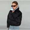 Solid Hooded Cropped Puffer Jacket Women Stand Collar Snap Button Loose Long Sleeve Jackets Winter Casual Warm Padded Coat