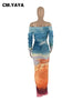 Women Gradient Tie Dye Printed Off Shoulder Long Sleeve Maxi Long Midi Bodycon Ruched Dress Sexy Party Club Dresses