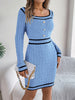 Autumn Winter Casual Elegant Square Collar Button Decoration Knitted Dress Long Sleeve Bodycon Dress for Women