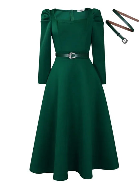 Autumn Stylish Women Evening Party Dress Long Puff Sleeve Elegant Pleated A-Line Gowns Birthday Wedding Celebrate Robes
