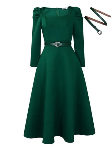 Autumn Stylish Women Evening Party Dress Long Puff Sleeve Elegant Pleated A-Line Gowns Birthday Wedding Celebrate Robes