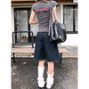 Aoaiiys Black Jeans Women Denim Shorts Retro Jorts Punk Jean Shorts Y2K 2000s Harajuku Calf-Length Pant Japanese High Street