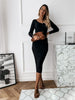 Spring Women's Dress Long Sleeve V Neck Low Cut Thread Tight Party Khaki Basic Long Skirt
