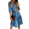 Denim Dress Three Quarter Sleeve with Belt Turn-down Collar Spring Autumn Buttons Ruffle Jeans Dresses for Women