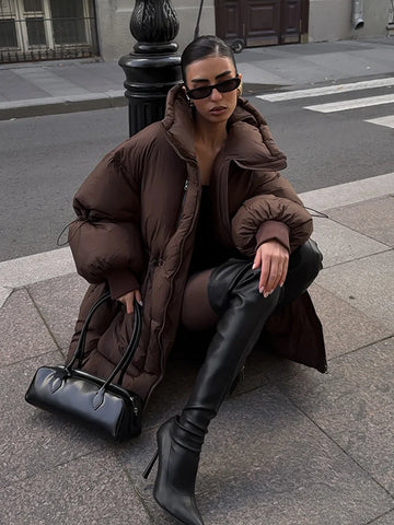 Oversized Puffer Jacket Women High Neck Full Sleeve Drawstring Waist Multiple Pockets Warm Coat Winter Lady Wear