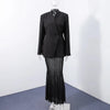 Elegant Solid Blazer Skirt Set Women Long Sleeve Button V-neck Blazer Lace See Through Long Skirts Spring Party Lady Suit