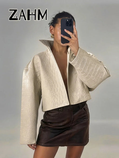 Solid Women's Jacket Stand-Collar Long-Sleeved Leather Grain Loose Female Jackets Autumn Lady Chic Streetwear