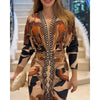 Women Vintage Baroque Print Long Sleeve Bodycon Dress Casual Plunge V Neck Ruched Slim Fit Midi Dress Party Elegant Wear