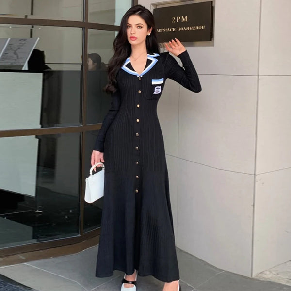 Brand Knitted Maxi Dress Elegant Turn-down Collar Embroidery Long Sleeve Shirt Dress Lady Sweater Vestidos