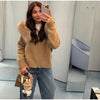 Autumn Casual Fur Collar Sweater Coat Women's Solid Loose Long Sleeve Zippers Pullover Ladies Office Tops