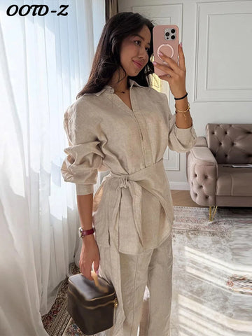Casual Solid Shirt Trouser Suits Women Full Sleeve Lace Up Lapel Top Wide Leg Pants Lady Set Autumn Female Suit