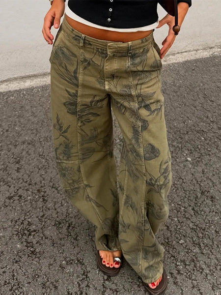 Printed Curved Wide Leg Denim Jeans High Waist Seam Detail Casual Women All-match Long Pants Autumn Chic Outfits