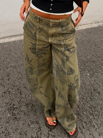 Printed Curved Wide Leg Denim Jeans High Waist Seam Detail Casual Women All-match Long Pants Autumn Chic Outfits