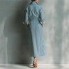 Autumn Striped Print Shirt Dress For Women Casual Turn Down Collar Color Blocking Pocket Long Dresses Graceful Robe