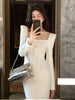 Sexy Square Collar Dress Women Tweed High End Autumn Elegant Slim Waist Long Sleeve Party Dresses Vestidos