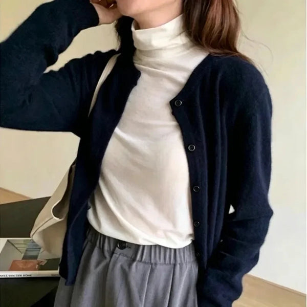 O Neck Solid Color Simple Short Loose Fit Knitted Cardigan Pring Autumn Sweet Casual Long Sleeve Sweater Jacket Women 9053