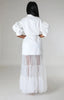 Women Puff Half Sleeve Cascading Ruffles Mesh Patchwork Shirt Style Maxi Dress Autumn Street Long Dresses Vestidos