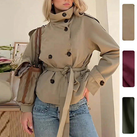Spring Women High Neck Double-breasted Lace-up Solid Trench Coat Female Casual Elegant Windbreaker Jacket