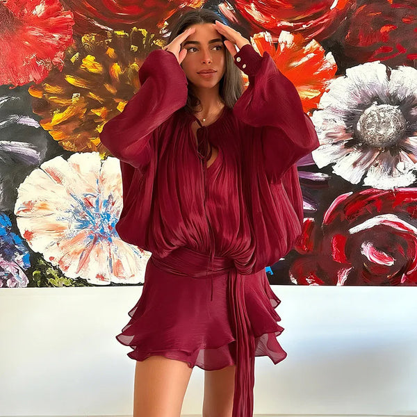 Elegant Womens Ruffle Mini Dress Long Lantern Sleeve Tie-up Front Solid Color Pleated Dress Short Flowy Dress Party Club