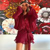 Elegant Womens Ruffle Mini Dress Long Lantern Sleeve Tie-up Front Solid Color Pleated Dress Short Flowy Dress Party Club