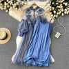 Ladies Dress Three-dimensional Flower Hook Mesh Temperament Stand Collar Lantern Sleeve High Waist Slim Female Dresses