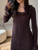 Brown Knitted Dresses For Women Maxi Elegant Trumpet Sleeves Knit Fishtail Dresses Women Long Ruffled Dresses Maxi