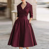 Autumn Long Sleeve Lapel Draped Slim Women Dress Ladies Clothes Solid High Waist Pocket A-Line Prom Dresses Vestido