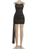 Women Black Mesh Ruched Trailing Strap Dress Glam Square Neck Bodycon Club Outfit Ladies Night Party Apparel