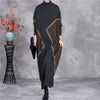 Woman Autumn Mock Neck Loose Long Sleeves Dress Chinese Style Contrast Batwing Sleeve Casual Dress