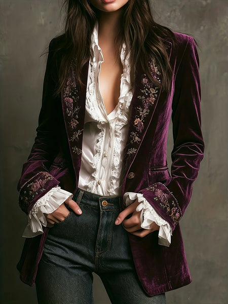 Ethnic Retro Floral Print Velvet Woman Blazer Jacket Sexy Notched Collar Slim Autumn Outerwear Long Sleeve Winter Cardigans Coat