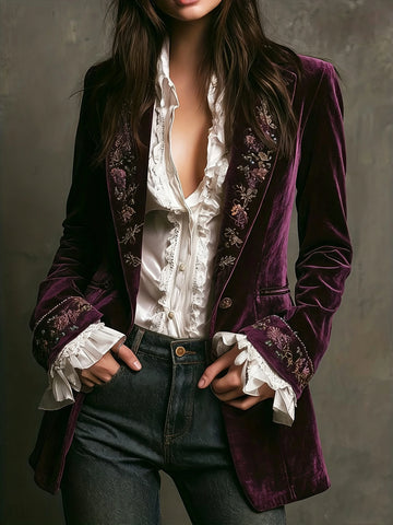 Ethnic Retro Floral Print Velvet Woman Blazer Jacket Sexy Notched Collar Slim Autumn Outerwear Long Sleeve Winter Cardigans Coat