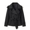 Belted Waist Cropped Trench Double Breasted Stand Collar Autumn Chic Elegant Women Coat Casual Vintage Office Lady Jacket