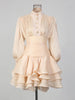 Elegant Pink High Neck Organza Fabric Mini Dresses for Women Puff Sleevs Ruched Waist Tiered Ruffles for Cocktail Parties